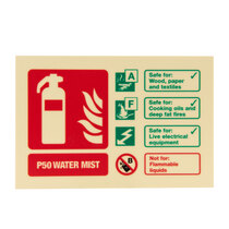 Landscape (100 x 150mm) sign for the 2ltr P50 water mist suitable for Class A, F, and Electrical